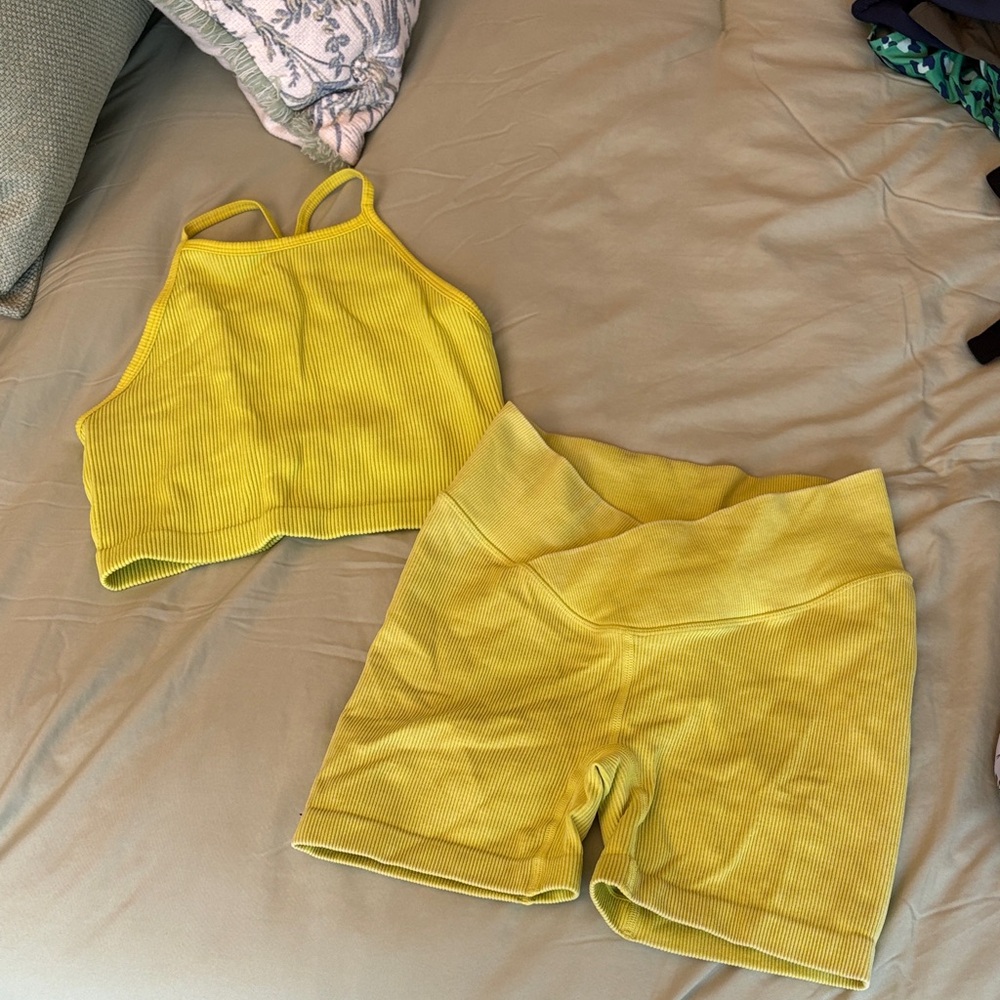 Women’s Yellow Ribbed Tank and Shorts Set